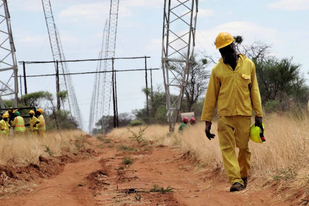 Power line construction in Namibia